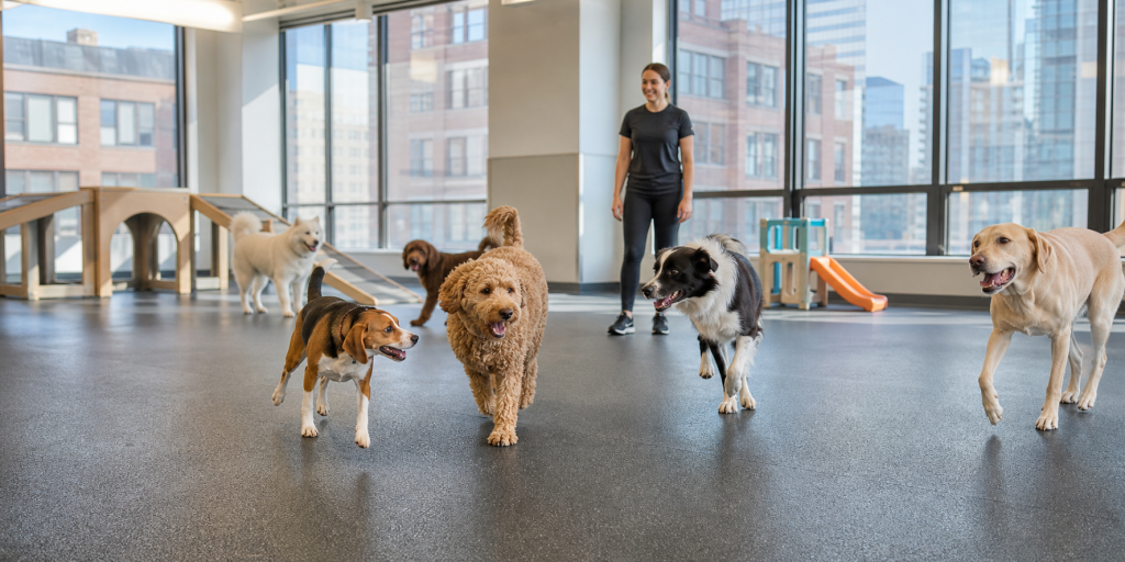 Dogs enjoying supervised daycare play at Pet Care Plus in Chicago