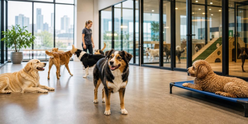 Dogs enjoying supervised doggy daycare at a clean Chicago pet resort