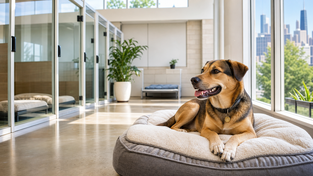 Calm dog resting in a bright, clean overnight boarding suite at a professional pet resort