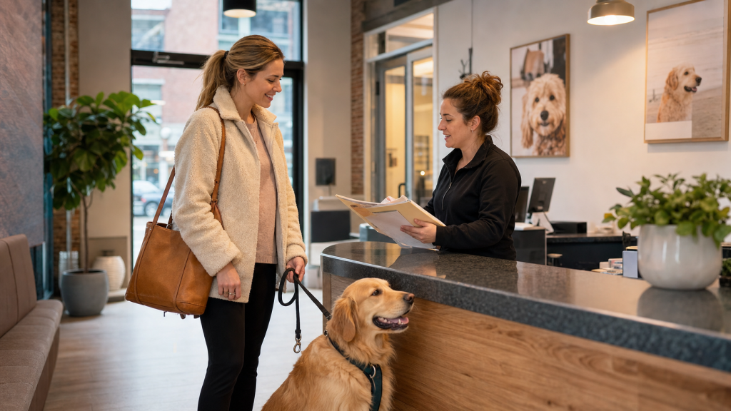 Pet parent checking in a dog for a first stay at Pet Care Plus
