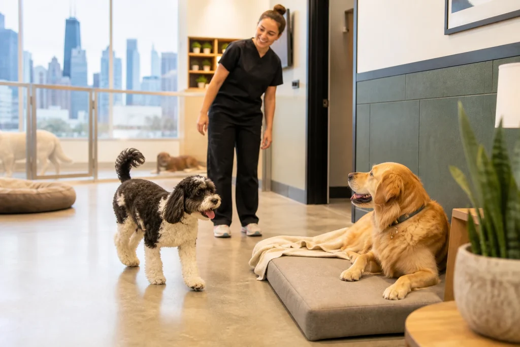 Dogs using connected daycare and boarding care with a Pet Care Plus caregiver in Chicago