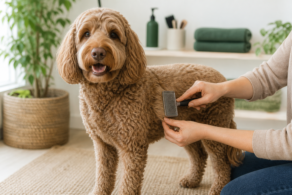 Curly-coated dog receiving gentle brushing to prevent coat matting