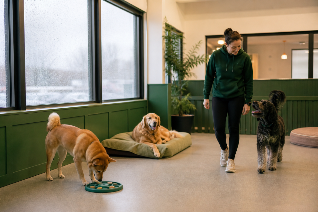 Rainy-day dog daycare in Chicago with balanced activity and rest